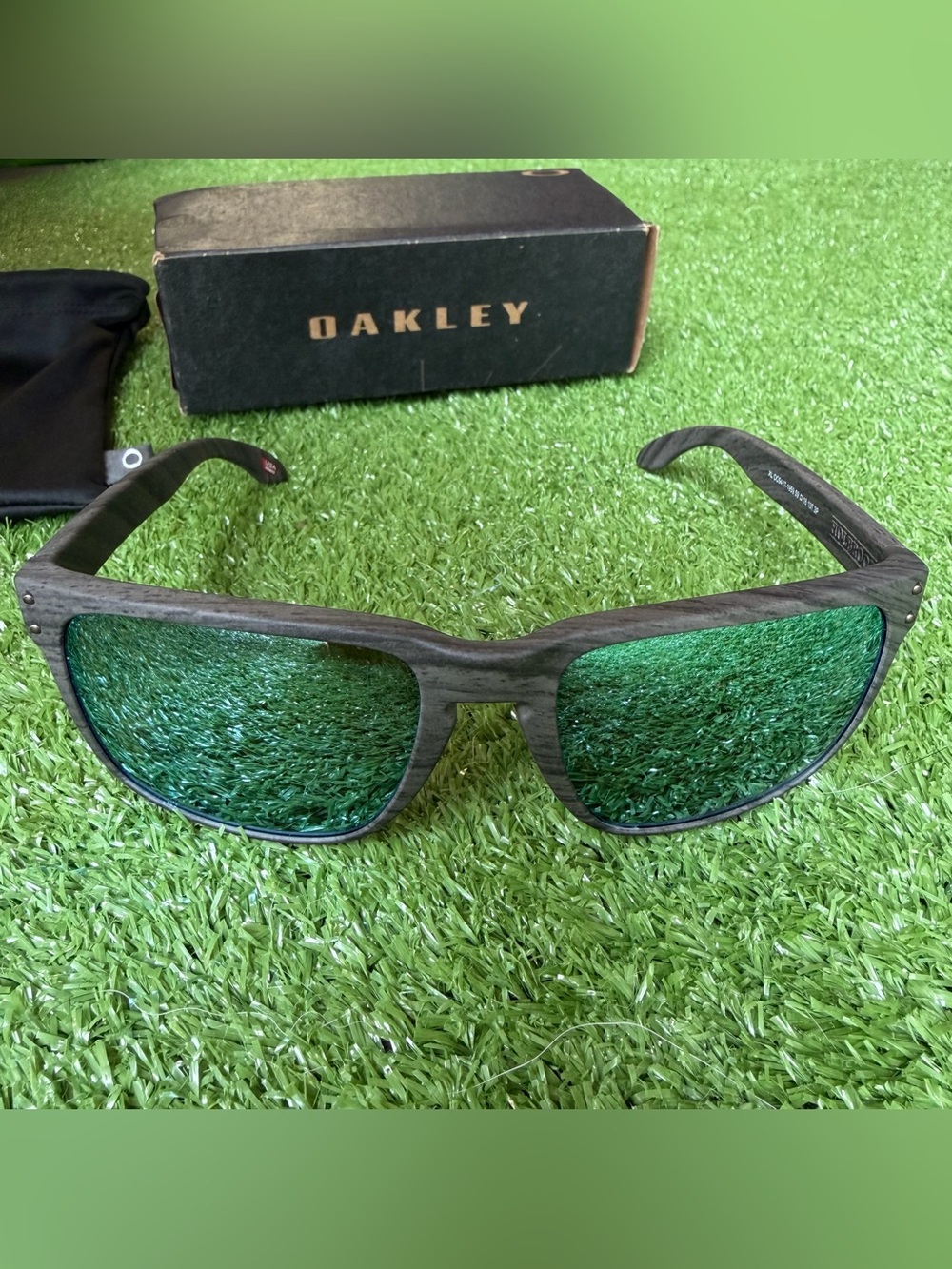 Oakley Men’s Sunglasses - Green Lenses, Dark Wood Frame